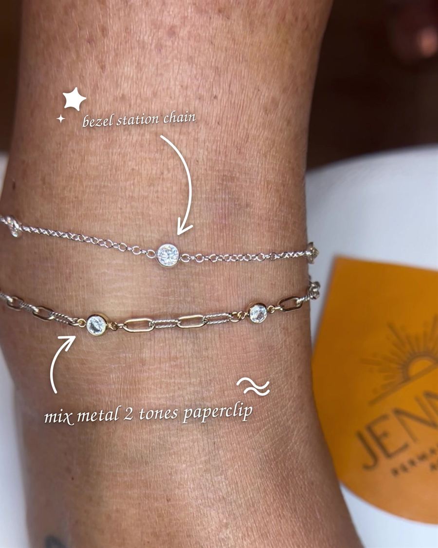 Gold anklets set with sparkling cubic zirconia.